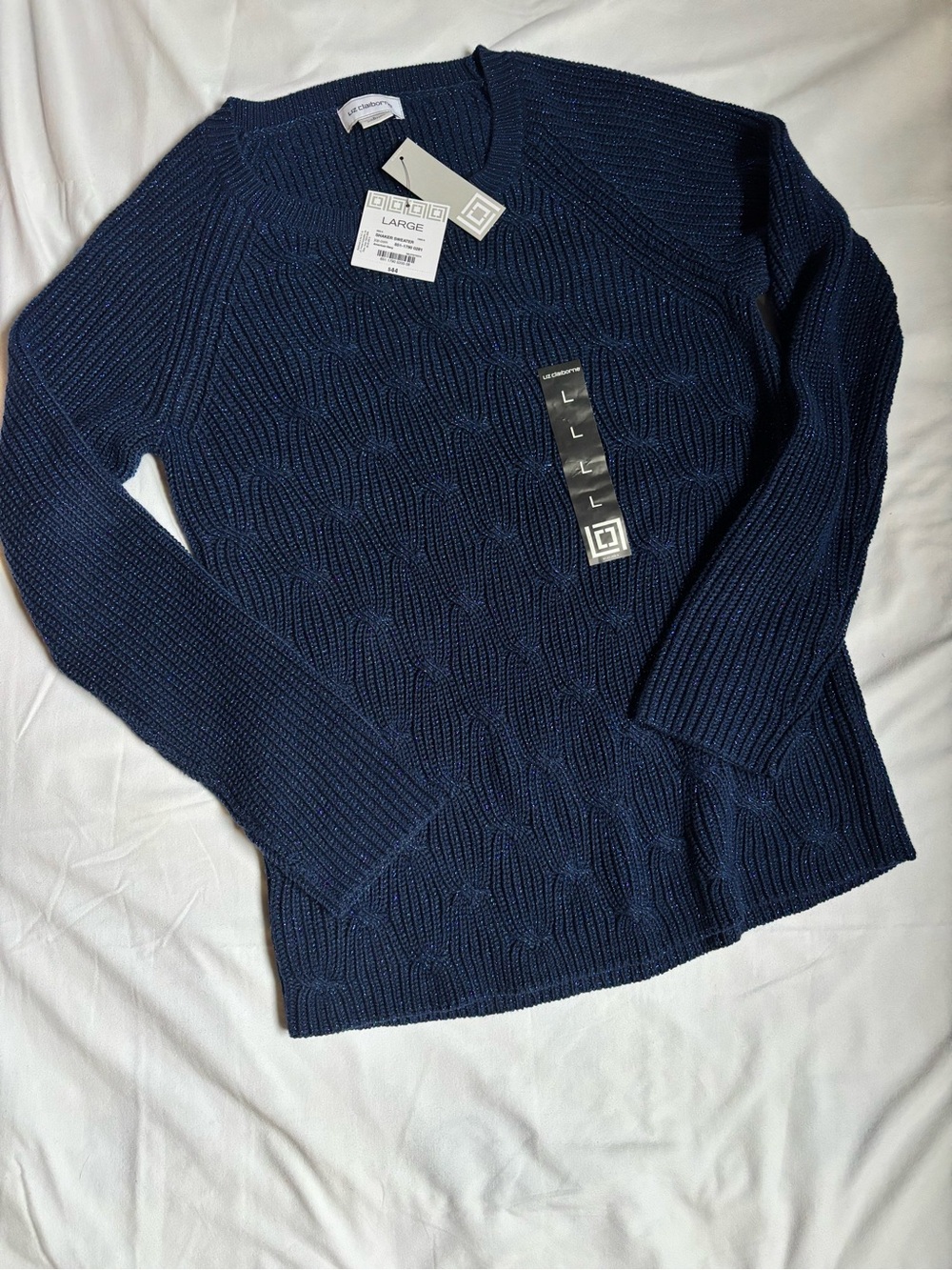 NWT Liz Claiborne Shaker Knit Metallic Sweater Large American Navy